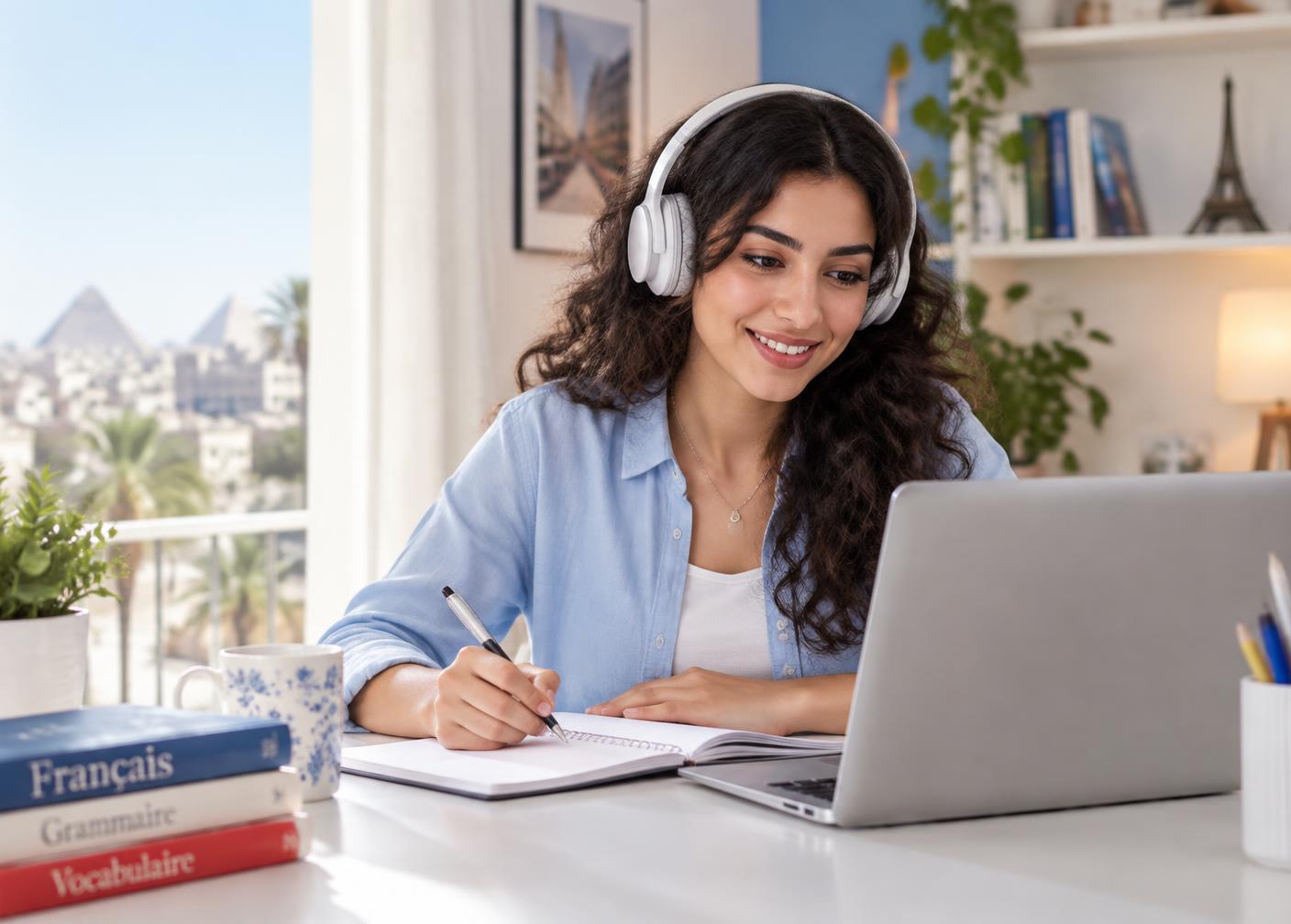 Étudiante suivant un cours de français en ligne depuis l’Égypte